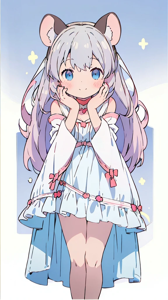 ((masterpiece))((Highest quality))Mouse Ears、girl、smile、blush、Flat Chest、Are thin、、low length、Gray Hair、blush、Are standing、Whole body image、Even your toes are visible、Eye level on face、front、No background、Mouse pose、真frontのアングル、