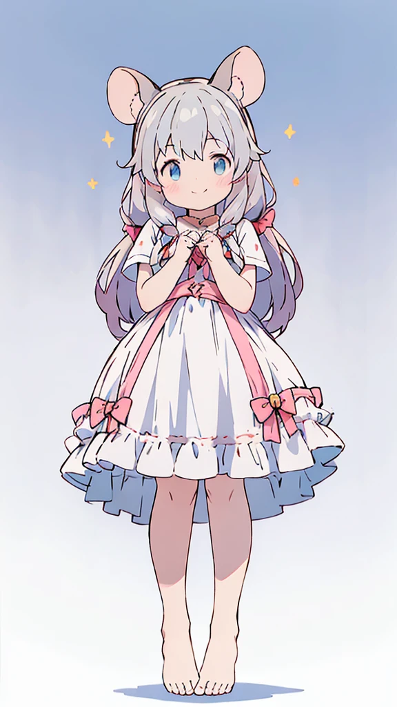 ((masterpiece))((Highest quality))Mouse Ears、girl、smile、blush、Flat Chest、Are thin、、low length、Gray Hair、blush、Are standing、Whole body image、Even your toes are visible、Eye level on face、front、No background、Mouse pose、真frontのアングル、