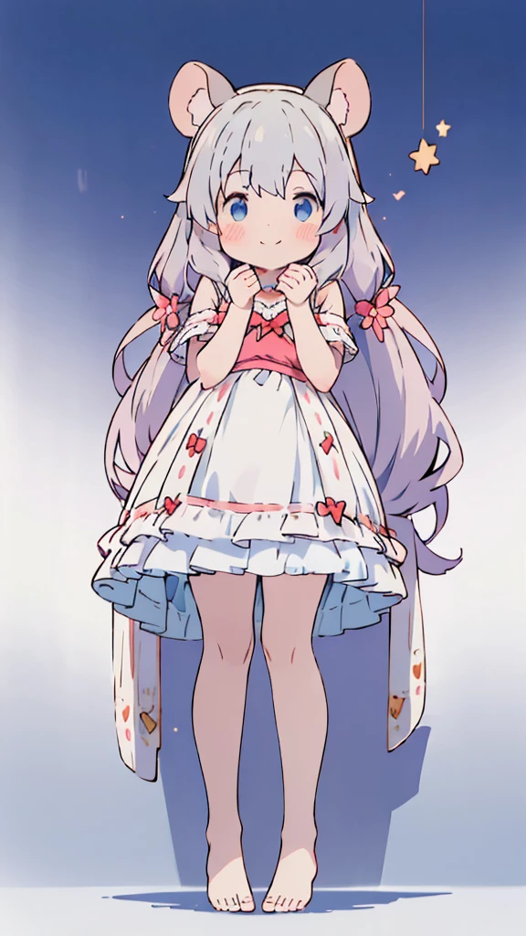 ((masterpiece))((Highest quality))Mouse Ears、girl、smile、blush、Flat Chest、Are thin、、low length、Gray Hair、blush、Are standing、Whole body image、Even your toes are visible、Eye level on face、front、No background、Mouse pose、真frontのアングル、