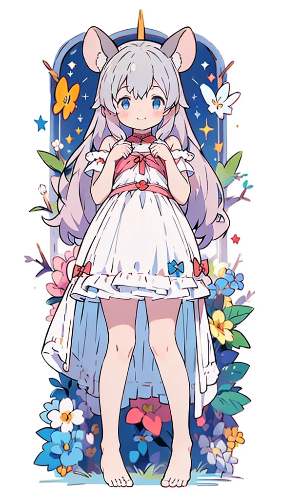 ((masterpiece))((Highest quality))Mouse Ears、girl、smile、blush、Flat Chest、Are thin、、low length、Gray Hair、blush、Are standing、Whole body image、Even your toes are visible、Eye level on face、front、No background、Mouse pose、真frontのアングル、