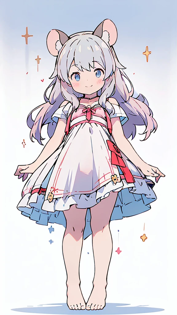 ((masterpiece))((Highest quality))Mouse Ears、girl、smile、blush、Flat Chest、Are thin、、low length、Gray Hair、blush、Are standing、Whole body image、Even your toes are visible、Eye level on face、front、No background、Mouse pose、真frontのアングル、