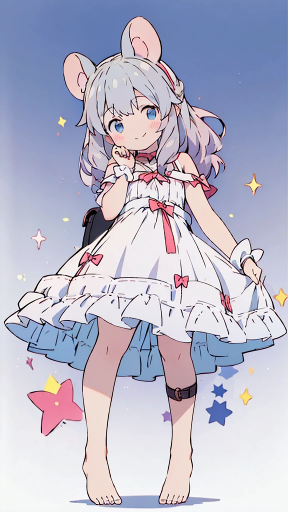 ((masterpiece))((Highest quality))Mouse Ears、girl、smile、blush、Flat Chest、Are thin、、low length、Gray Hair、blush、Are standing、Whole body image、Even your toes are visible、Eye level on face、front、No background、Mouse pose、真frontのアングル、