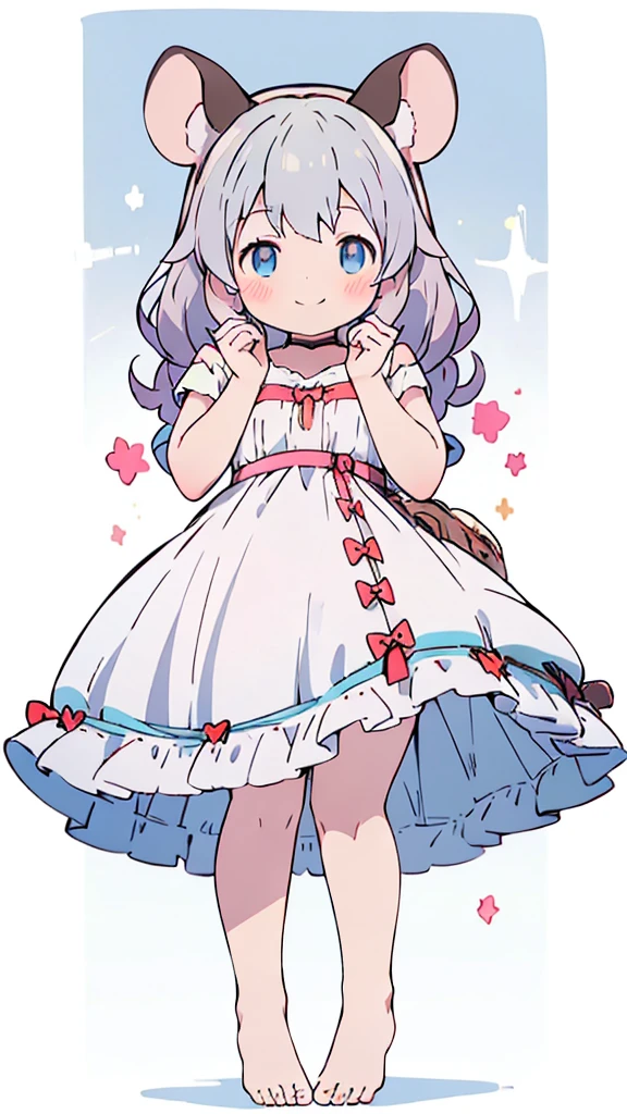 ((masterpiece))((Highest quality))Mouse Ears、girl、smile、blush、Flat Chest、Are thin、、low length、Gray Hair、blush、Are standing、Whole body image、Even your toes are visible、Eye level on face、front、No background、Mouse pose、真frontのアングル、