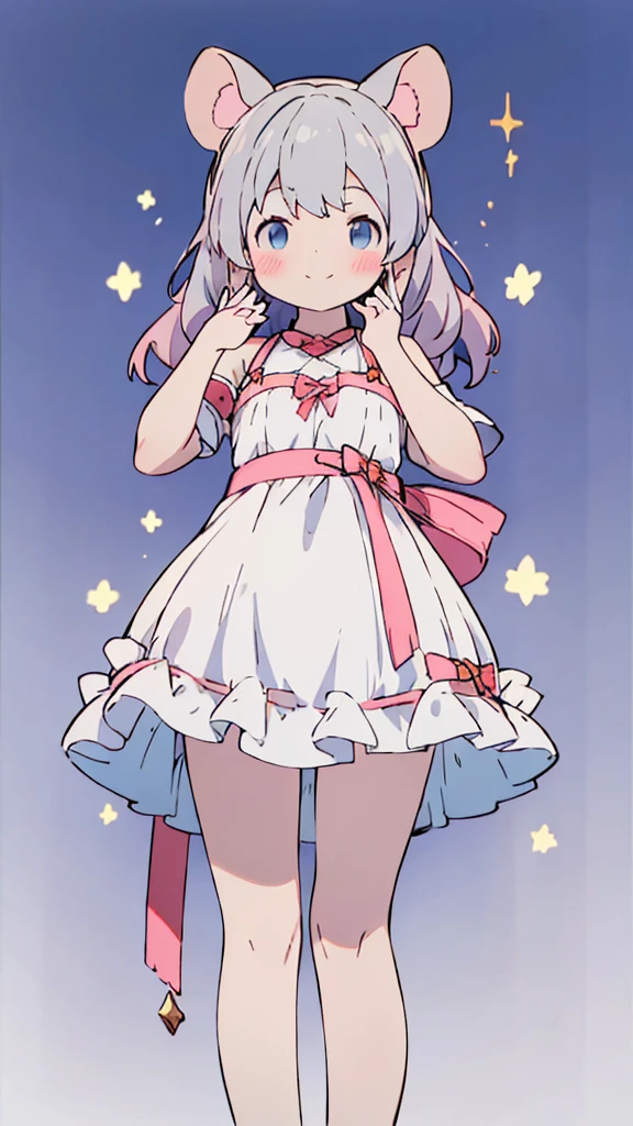 ((masterpiece))((Highest quality))Mouse Ears、girl、smile、blush、Flat Chest、Are thin、、low length、Gray Hair、blush、Are standing、Whole body image、Even your toes are visible、Eye level on face、front、No background、Mouse pose、真frontのアングル、