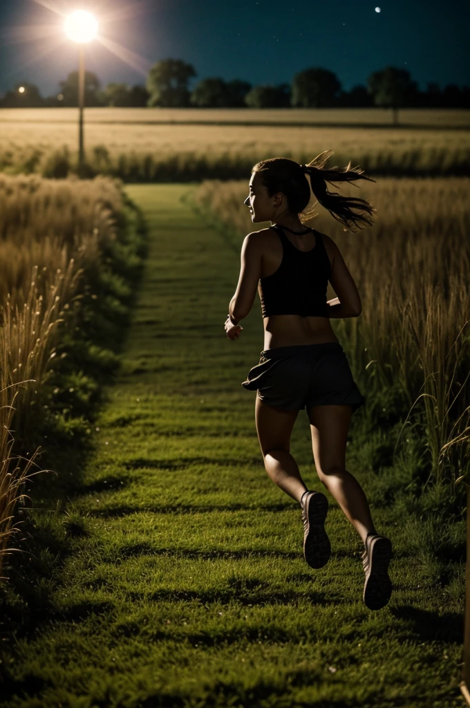 Girl running through the field at night, desperately because a goblin was chasing her