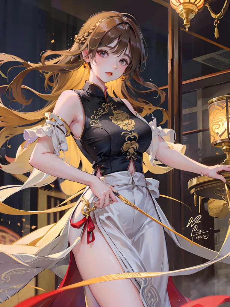 Title: "Elegance in Silk"
Art Style: Hyper-realistic digital painting with elements of classic portraiture. The image showcases intricate details and a rich color palette, emphasizing the beauty and grace of the subject. Techniques include meticulous rendering of textures and soft, dramatic lighting.
Artist's Signature: 'ai Jonas' in the top right corner of the image.
Details to include:
- A woman dressed in a form-fitting, black silk cheongsam with golden embroidery and intricate designs.
- Her pose is confident and alluring, with hands resting behind her head, highlighting her elegant posture.
- The fabric of the cheongsam is depicted with realistic textures, capturing the sheen and flow of the silk.
- Her braided hair is adorned with green jade bangles and gold earrings, adding a touch of traditional elegance.
- Soft, warm lighting that casts gentle shadows, enhancing the contours of her figure and the folds of the dress.
- The background is a softly blurred interior, hinting at a luxurious and culturally rich setting without distracting from the main subject.
- Subtle details in her facial expression and makeup, portraying a sense of poise and sophistication.
- The overall composition should evoke a sense of timeless beauty, cultural richness, and refined elegance.