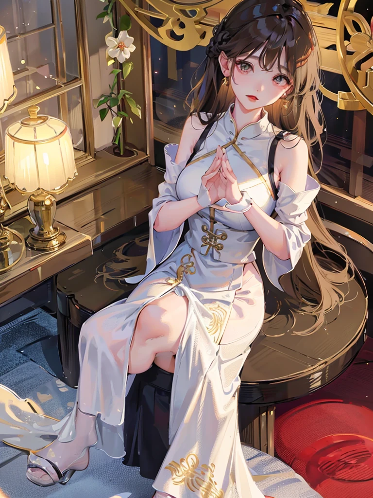 Title: "Elegance in Silk"

Art Style: Hyper-realistic digital painting with elements of classic portraiture. The image showcases intricate details and a rich color palette, emphasizing the beauty and grace of the subject. Techniques include meticulous rendering of textures and soft, dramatic lighting.

Artist's Signature: 'ai Jonas' in the top right corner of the image.

Details to include:
- A woman dressed in a form-fitting, black silk cheongsam with golden embroidery and intricate designs.
- Her pose is confident and alluring, with hands resting behind her head, highlighting her elegant posture.
- The fabric of the cheongsam is depicted with realistic textures, capturing the sheen and flow of the silk.
- Her braided hair is adorned with green jade bangles and gold earrings, adding a touch of traditional elegance.
- Soft, warm lighting that casts gentle shadows, enhancing the contours of her figure and the folds of the dress.
- The background is a softly blurred interior, hinting at a luxurious and culturally rich setting without distracting from the main subject.
- Subtle details in her facial expression and makeup, portraying a sense of poise and sophistication.
- The overall composition should evoke a sense of timeless beauty, cultural richness, and refined elegance.
