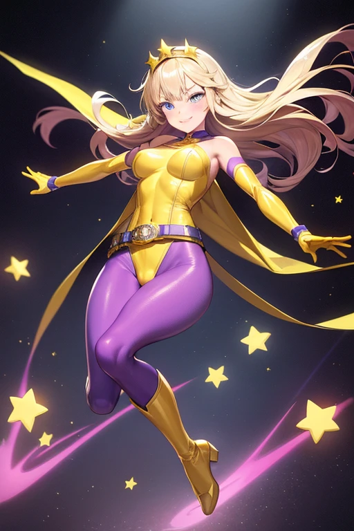 ((best quality)), ((masterpiece)), (detailed), 1 girl, Full body, 19 years old, Smiling face, Blue eyes, Star-shaped tiara, Arms outstretched, Arms behind waist, Eye mask, Blue superhero mask, Blushing, Blonde hair, Straight hair, Long hair, Bangs, 2 star clips on the sides of hair, Full body, Medium breasts, Slim body, Hands with yellow stars, Yellow wristbands, Long yellow gloves, Purple gloves, Superhero costume, Superheroes, Yellow leotard suit, With a big yellow star in the center, Star emblem, Somewhat tight, Long yellow cape on waist, Red belt, Purple legs, Purple pantyhose, Purple boots, Flying, City background, Anime
