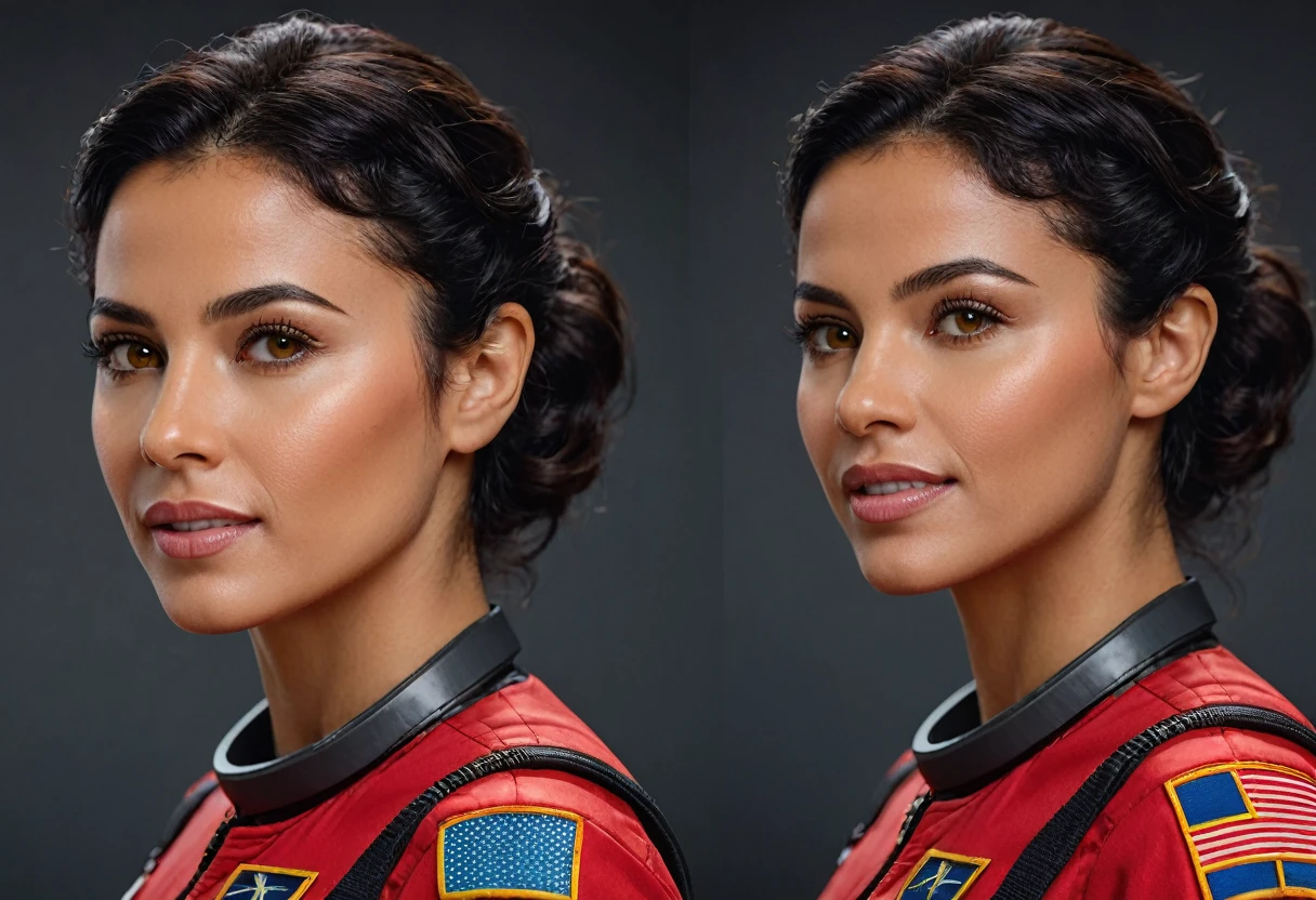 a dynamic photorealistic full-body ((character sheet ))of 30 years old ELVA LUISA HERNANDES, ((front view, side view, back biew)), of colombian origin, of latin american origin, fit appearance, a fighter. in yellow red spacesuit, very short black wavy hairs, broad chin, robust appearance, perfect anatomies, detailed faces, detailed skins, detailed eyes and mouths, well aligned teeth, high quality, 4k resolution, photographic, hyperrealistic, dark grey vibrant background, neutral background, color graded background,