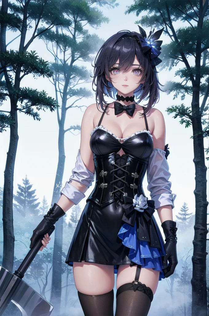 Masterpiece, Beautiful art, professional artist, 8k, Very detailed face, Detailed clothing, detailed fabric, 1 girl, Soul Fullness \(Honkai Impact 3rd\), front view, standing, BIG BREASTS, perfectly drawn body, shy expression, pale skin, beautiful face, short dark blue hair, 4k eyes, very detailed eyes, pink cheeks, choker:1.6, (white long sleeve button down shirt with white collar), black gloves, gloves that cover hands, (holds an ax with his right hand), (black leather corset), (shiny black tight mini skirt), Sensual Lips , winter night, show details in the eyes, looking at the viewer, dark forest, Atmosphere, fog, At night