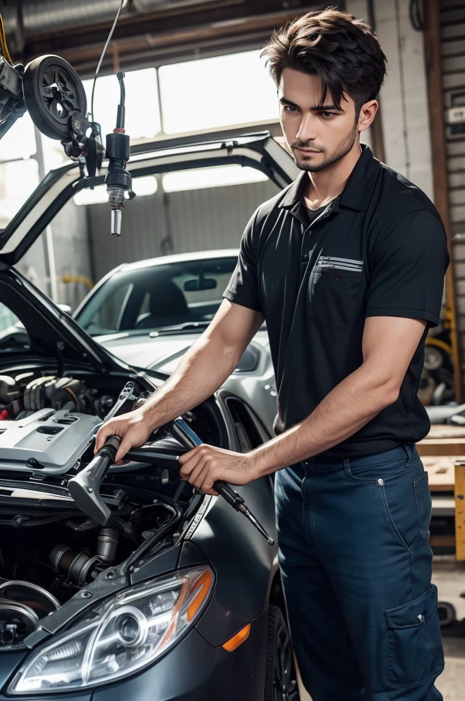 A confident mechanic working on a car with specialized tools for alignment and balancing.
