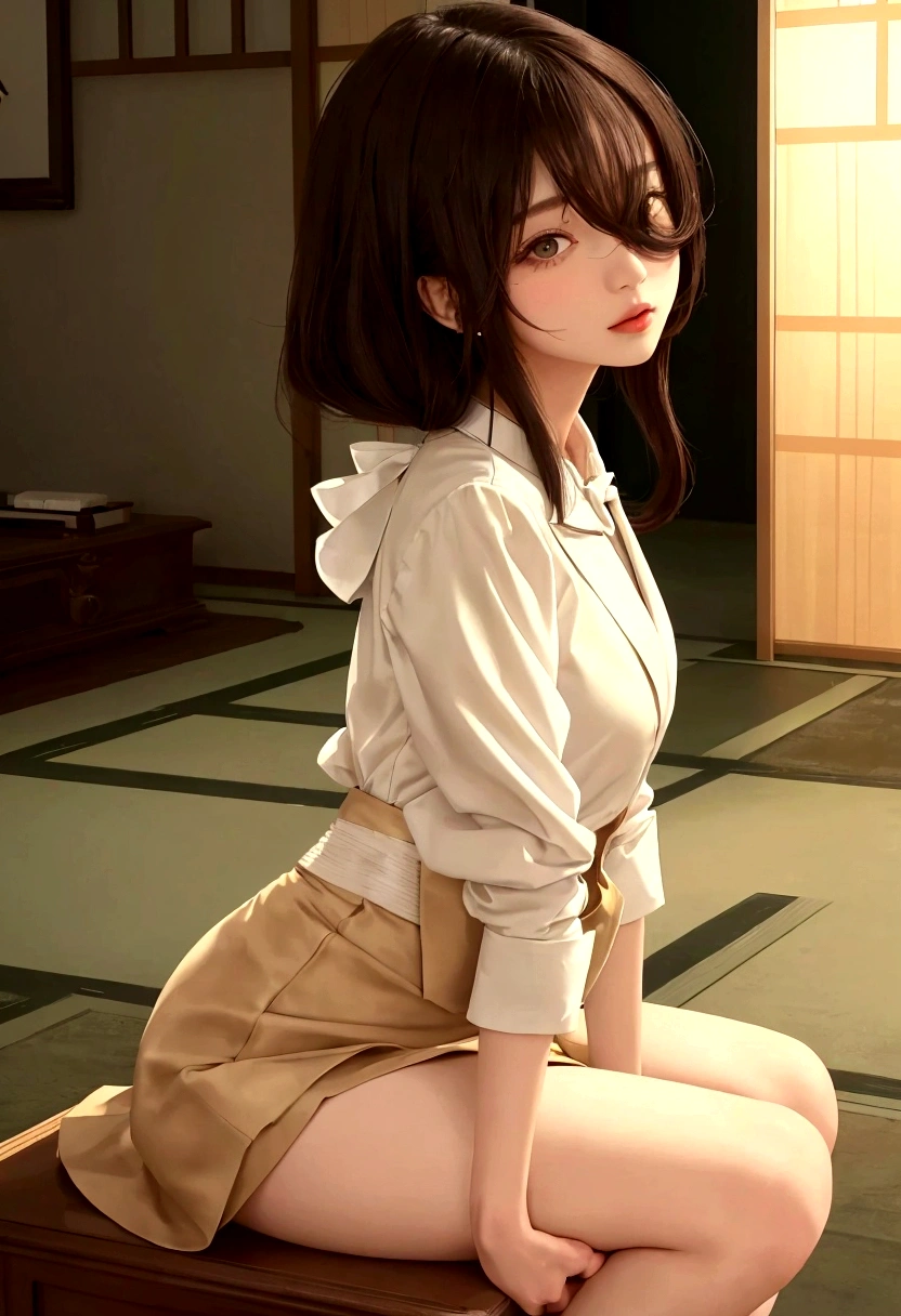 A woman is depicted in the image wearing a short skirt and a white shirt. She has long hair and is accessorized with a black tie. The woman is standing in what appears to be a room with a clock visible in the background. The primary colors in the image include shades of brown and beige with accents of black. The woman''s outfit gives off a professional yet stylish vibe. The image captures her in a close-up shot, focusing on her attire and overall appearance. The setting suggests a formal or business-like environment.