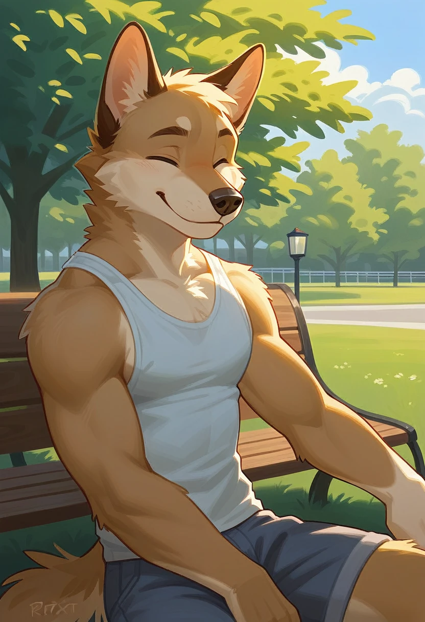 (furry art, Digital art, uploaded_on_e621:1.4, anthro furry:1.5), Dog, male, furry, anthropomorphic, wearing casual cloths, solo, outside, in park, siting on bench, in focus, face and upper body focus, looking at viewer, smiling with eyes closed (RTX lighting, Detailed)