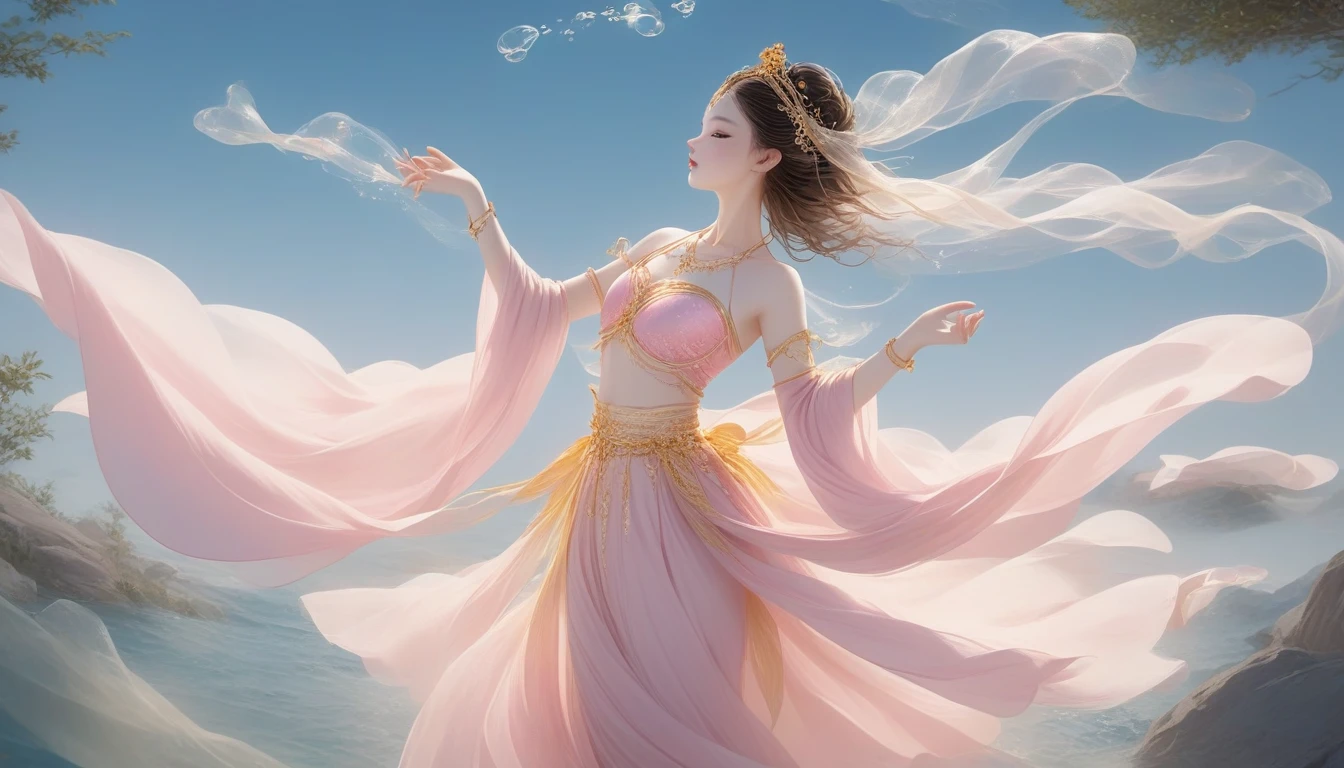 1. , Solitary, Under the Deep Sea, underwater dance;Beautiful Inner Glow;Wearing pink Hanfu,Gorgeous dance shoes,Fairy the same,underwater dance;dancer;Golden water,Bright and shiny underwater world,金色的bubble; Deep Shadows, Extraordinary details, bubble, spark, Sun streaks,beam, seabed, dark, whole body, swirl, Golden Light, Embed:Average runoff, masterpiece, high quality, 4K,Dunhuang art style;Apsaras dance art style;