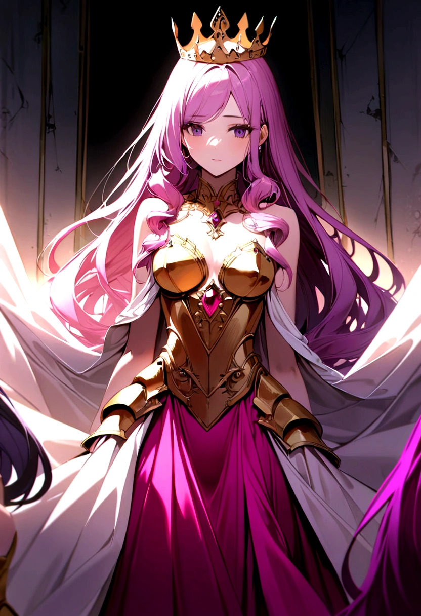 There are two women standing in front of each other, one of them is a queen, He has short, purple hair., her dress is close to the body and long, of gray color, and the other girl has golden armor attached to her body, long magenta pink hair 