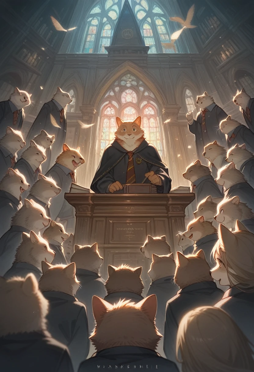 dynamic angle, top quality, best quality, High-quality illustrations, masterpiece, super high resolution, detailed background, detailed background, Harry Potter series, group shot:0.1, 6+boys, 6+girls, Happy, joyful, absurdres(highly detailed beautiful face and eyes)perfect anatomy(kemono, furry anthro),
