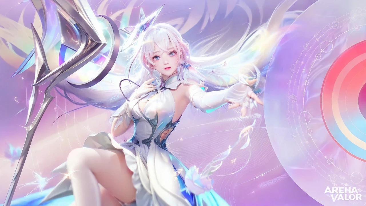 a girl with pastel pink hologram long hair,beautiful detailed eyes,beautiful detailed lips,extremely detailed face,longeyelashes,wearing a white dress,carrying a magic wand,(best quality,4k,8k,highres,masterpiece:1.2),ultra-detailed,(realistic,photorealistic,photo-realistic:1.37),cinematic lighting,intricate details,ethereal,radiant,glowing,dreamlike,fantasy,magical
