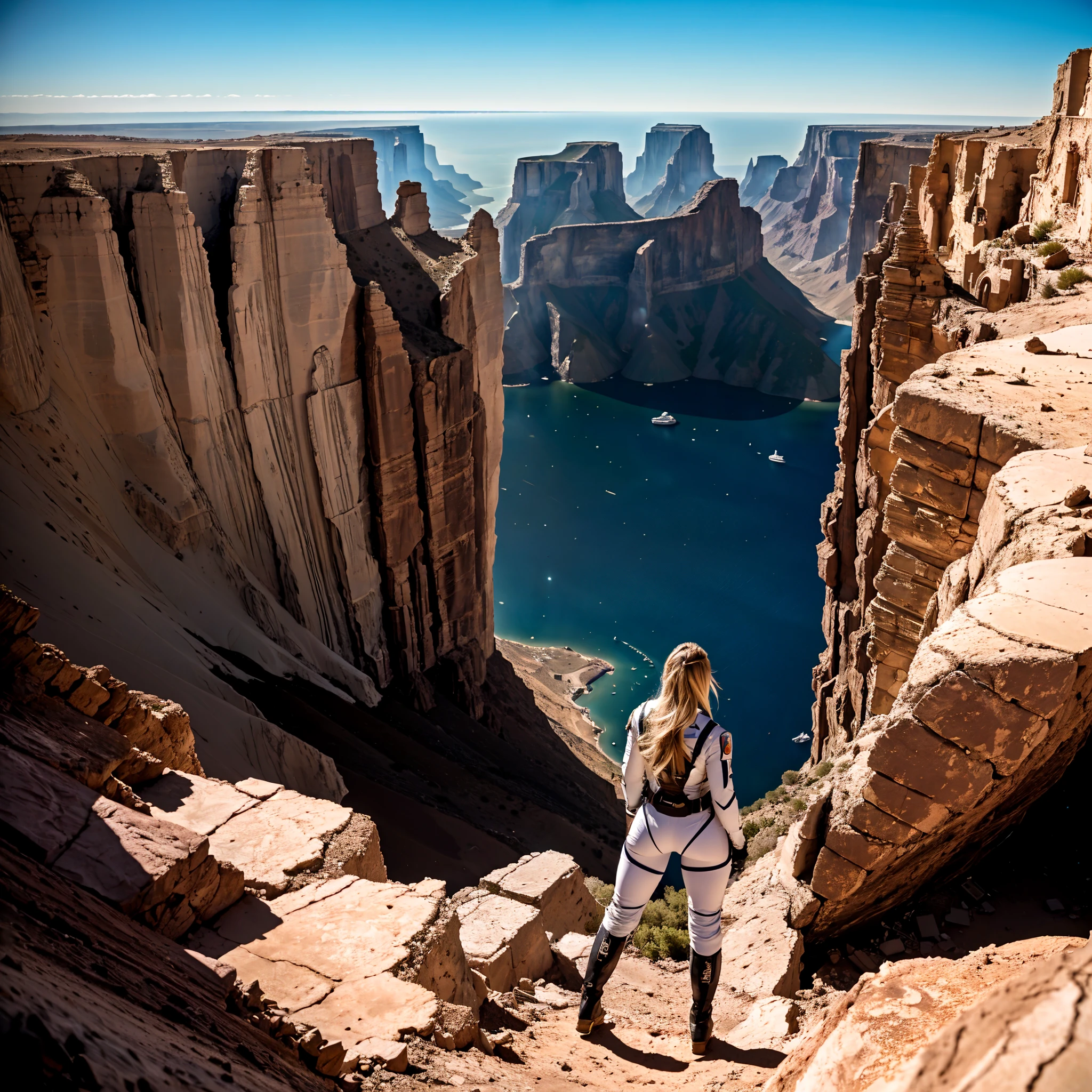 At the top of the mountain and on the edge of the cliff, a muscular blonde woman, with huge ass, big breasts without clothes, wearing white spacesuit, wearing titanium style boots, Looking and smiling at the camera, Beautiful feet, showing full body. Under the cliff, Four spaceships slowly emerge from the ruins of a desolate city built in the desert, Going to the stars, cinematic lighting, Glow Up, anáglifo, optical illusion, From above, atmospheric perspective, ultra HD