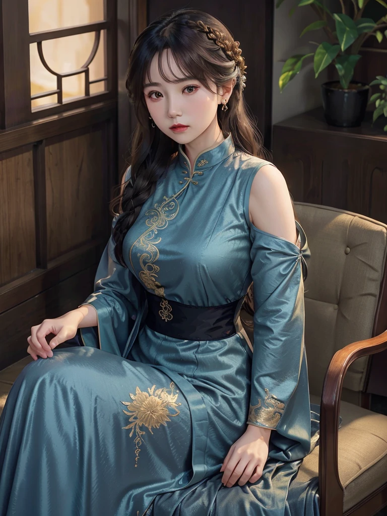 Title: "Elegance in Silk"

Art Style: Hyper-realistic digital painting with elements of classic portraiture. The image showcases intricate details and a rich color palette, emphasizing the beauty and grace of the subject. Techniques include meticulous rendering of textures and soft, dramatic lighting.

Artist's Signature: 'ai Jonas' in the top right corner of the image.

Details to include:
- A woman dressed in a form-fitting, black silk cheongsam with golden embroidery and intricate designs.
- Her pose is confident and alluring, with hands resting behind her head, highlighting her elegant posture.
- The fabric of the cheongsam is depicted with realistic textures, capturing the sheen and flow of the silk.
- Her braided hair is adorned with green jade bangles and gold earrings, adding a touch of traditional elegance.
- Soft, warm lighting that casts gentle shadows, enhancing the contours of her figure and the folds of the dress.
- The background is a softly blurred interior, hinting at a luxurious and culturally rich setting without distracting from the main subject.
- Subtle details in her facial expression and makeup, portraying a sense of poise and sophistication.
- The overall composition should evoke a sense of timeless beauty, cultural richness, and refined elegance.