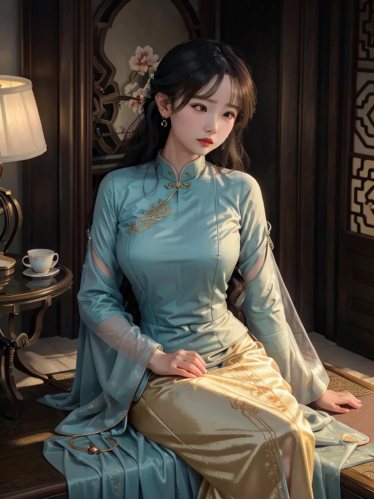 Title: "Elegance in Silk"
Art Style: Hyper-realistic digital painting with elements of classic portraiture. The image showcases intricate details and a rich color palette, emphasizing the beauty and grace of the subject. Techniques include meticulous rendering of textures and soft, dramatic lighting.
Artist's Signature: 'ai Jonas' in the top right corner of the image.
Details to include:
- A woman dressed in a form-fitting, black silk cheongsam with golden embroidery and intricate designs.
- Her pose is confident and alluring, with hands resting behind her head, highlighting her elegant posture.
- The fabric of the cheongsam is depicted with realistic textures, capturing the sheen and flow of the silk.
- Her braided hair is adorned with green jade bangles and gold earrings, adding a touch of traditional elegance.
- Soft, warm lighting that casts gentle shadows, enhancing the contours of her figure and the folds of the dress.
- The background is a softly blurred interior, hinting at a luxurious and culturally rich setting without distracting from the main subject.
- Subtle details in her facial expression and makeup, portraying a sense of poise and sophistication.
- The overall composition should evoke a sense of timeless beauty, cultural richness, and refined elegance.