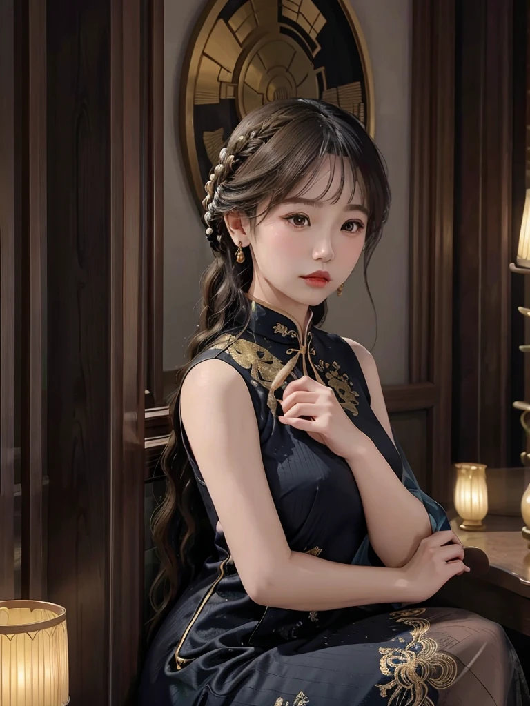 Title: "Elegance in Silk"

Art Style: Hyper-realistic digital painting with elements of classic portraiture. The image showcases intricate details and a rich color palette, emphasizing the beauty and grace of the subject. Techniques include meticulous rendering of textures and soft, dramatic lighting.

Artist's Signature: 'ai Jonas' in the top right corner of the image.

Details to include:
- A woman dressed in a form-fitting, black silk cheongsam with golden embroidery and intricate designs.
- Her pose is confident and alluring, with hands resting behind her head, highlighting her elegant posture.
- The fabric of the cheongsam is depicted with realistic textures, capturing the sheen and flow of the silk.
- Her braided hair is adorned with green jade bangles and gold earrings, adding a touch of traditional elegance.
- Soft, warm lighting that casts gentle shadows, enhancing the contours of her figure and the folds of the dress.
- The background is a softly blurred interior, hinting at a luxurious and culturally rich setting without distracting from the main subject.
- Subtle details in her facial expression and makeup, portraying a sense of poise and sophistication.
- The overall composition should evoke a sense of timeless beauty, cultural richness, and refined elegance.