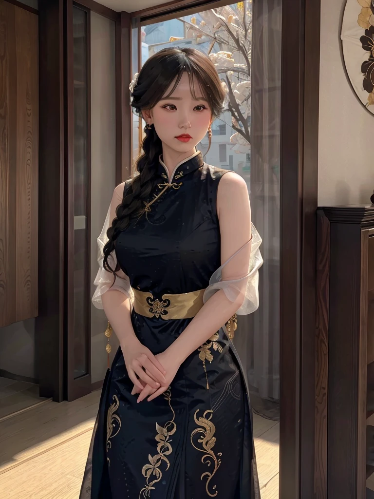 Title: "Elegance in Silk"

Art Style: Hyper-realistic digital painting with elements of classic portraiture. The image showcases intricate details and a rich color palette, emphasizing the beauty and grace of the subject. Techniques include meticulous rendering of textures and soft, dramatic lighting.

Artist's Signature: 'ai Jonas' in the top right corner of the image.

Details to include:
- A woman dressed in a form-fitting, black silk cheongsam with golden embroidery and intricate designs.
- Her pose is confident and alluring, with hands resting behind her head, highlighting her elegant posture.
- The fabric of the cheongsam is depicted with realistic textures, capturing the sheen and flow of the silk.
- Her braided hair is adorned with green jade bangles and gold earrings, adding a touch of traditional elegance.
- Soft, warm lighting that casts gentle shadows, enhancing the contours of her figure and the folds of the dress.
- The background is a softly blurred interior, hinting at a luxurious and culturally rich setting without distracting from the main subject.
- Subtle details in her facial expression and makeup, portraying a sense of poise and sophistication.
- The overall composition should evoke a sense of timeless beauty, cultural richness, and refined elegance.