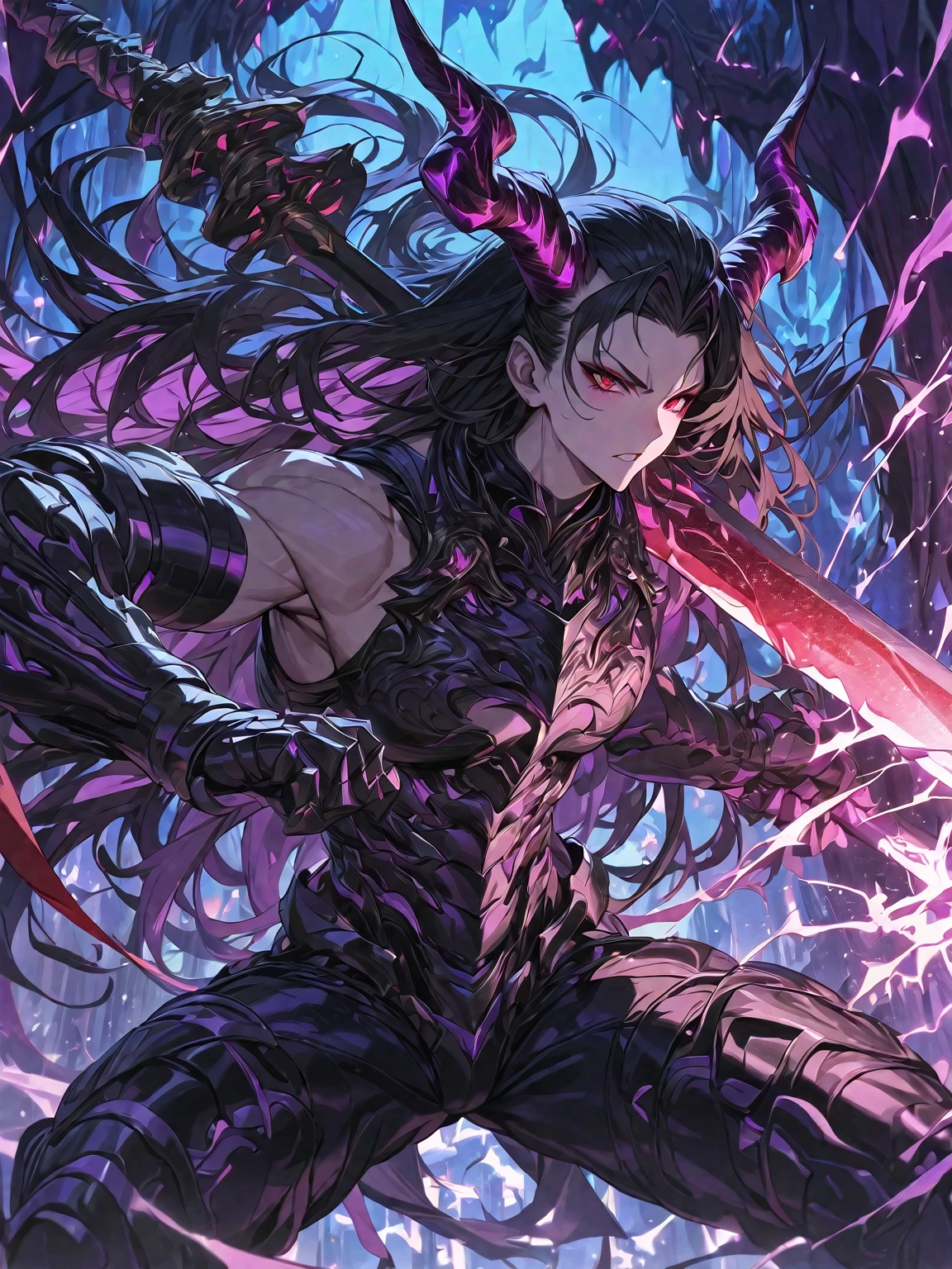 Masterpiece, Very detailed, ultra detailed, one, beautiful, (1 man), with a sporty body, V-shaped shoulders, black detailed armor with glowing purple details, black demonic horns, long hair, black hair, purple with red eye tones, a man has a huge and long sword in his hand and he is in a fighting pose, Black light
