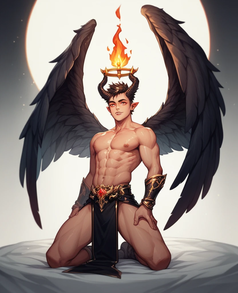 A dark room illuminated only by the dim light of a candle. An imposing looking male demon, with black wings and burning eyes, Hold firmly a fallen female angel with white wings and a serene face., in a pose of submission. The angel is kneeling, looking up with devotion, while the demon looks at him with a mixture of power and desire. The atmosphere is gothic and full of dark symbolism