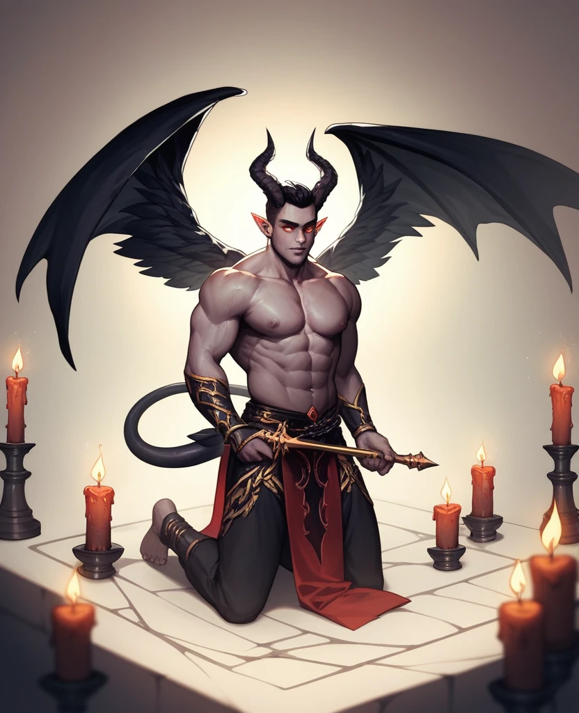 A dark room illuminated only by the dim light of a candle. An imposing looking male demon, with black wings and burning eyes, Hold firmly a fallen female angel with white wings and a serene face., in a pose of submission. The angel is kneeling, looking up with devotion, while the demon looks at him with a mixture of power and desire. The atmosphere is gothic and full of dark symbolism