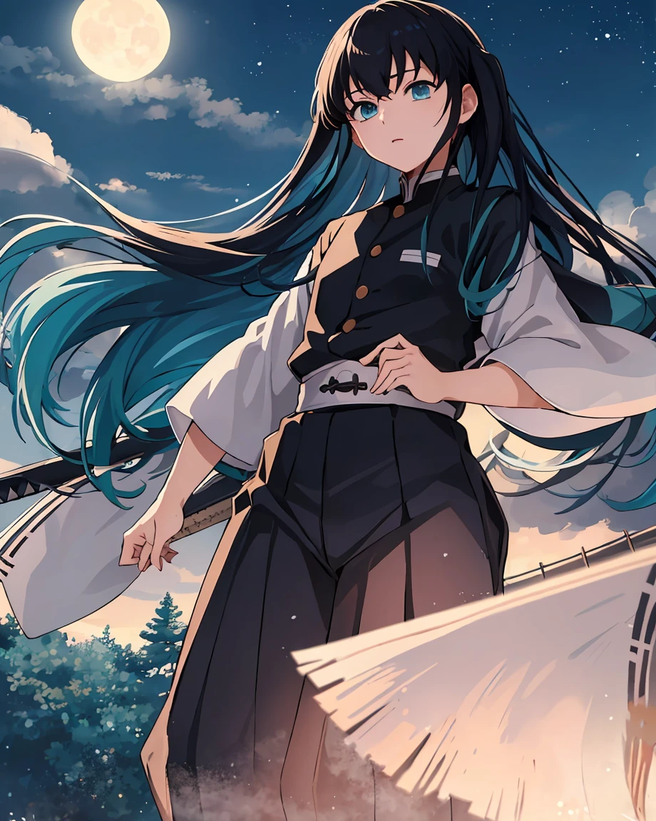Masterpiece, Best quality, (1 boy:1), demon slayer uniform, Single, long hair, Looking at the scenes, Explosions, Black hair, aqua eyes, Multicolored hair, Tokito_Moishiro, weapon , Male focus, pants, Japanese village wallpaper, night time, moonlight,