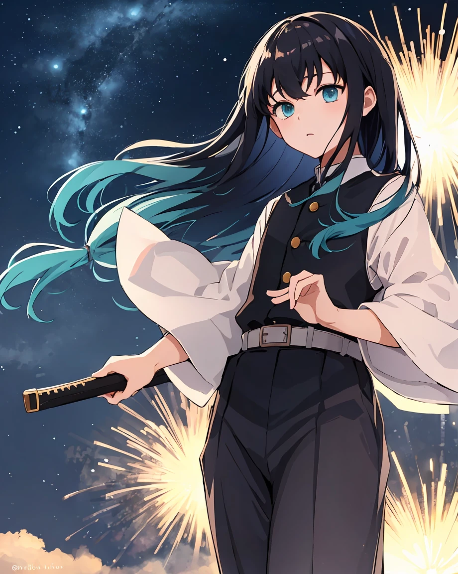 Masterpiece, Best quality, (1 boy:1), demon slayer uniform, Single, long hair, Looking at the scenes, Explosions, Black hair, aqua eyes, Multicolored hair, Tokito_Moishiro, weapon , Male focus, pants, Japanese village wallpaper, night time, moonlight,