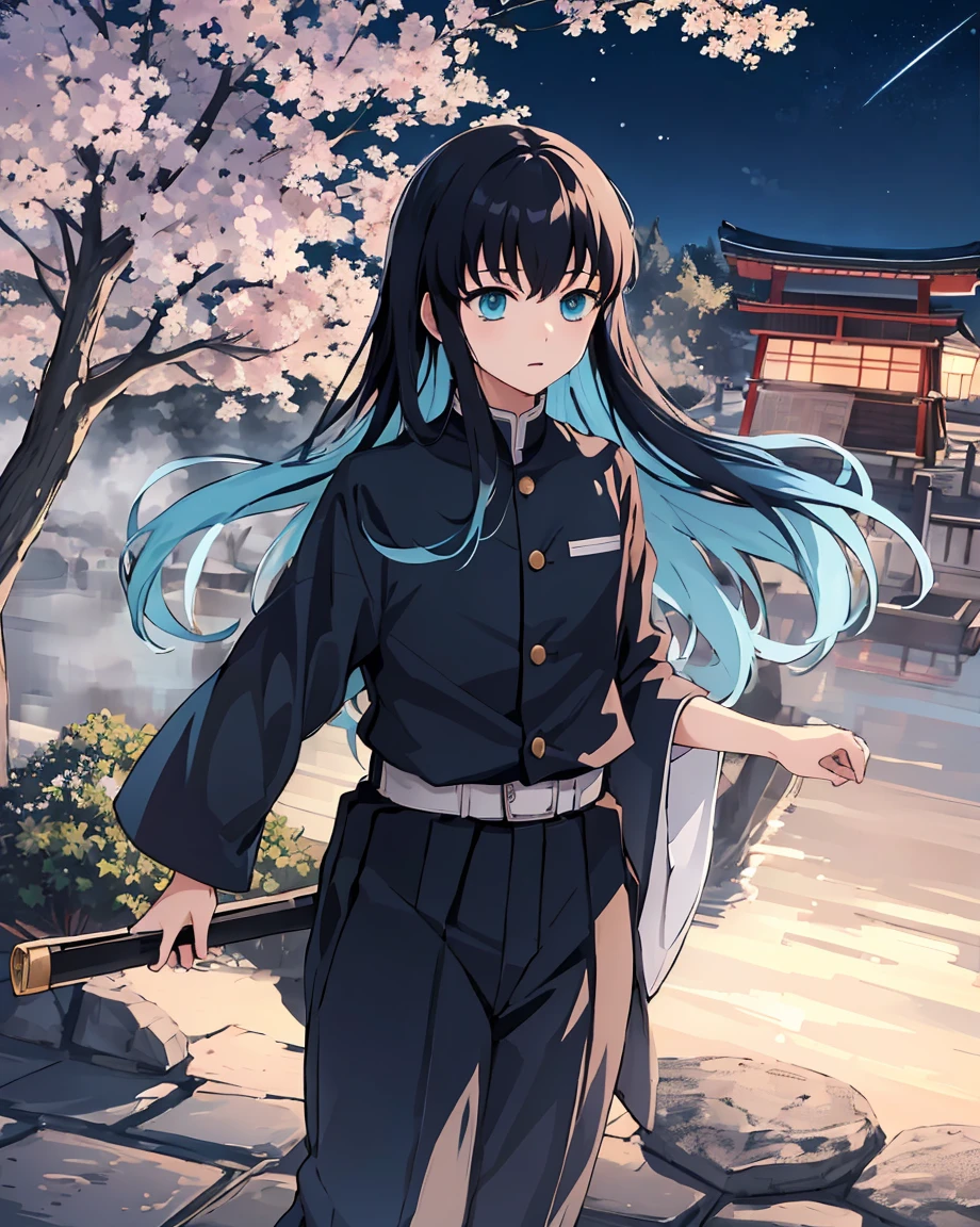 Masterpiece, Best quality, (1 boy:1), demon slayer uniform, Single, long hair, Looking at the scenes, Explosions, Black hair, aqua eyes, Multicolored hair, Tokito_Moishiro, weapon , Male focus, pants, Japanese village wallpaper, night time, moonlight,