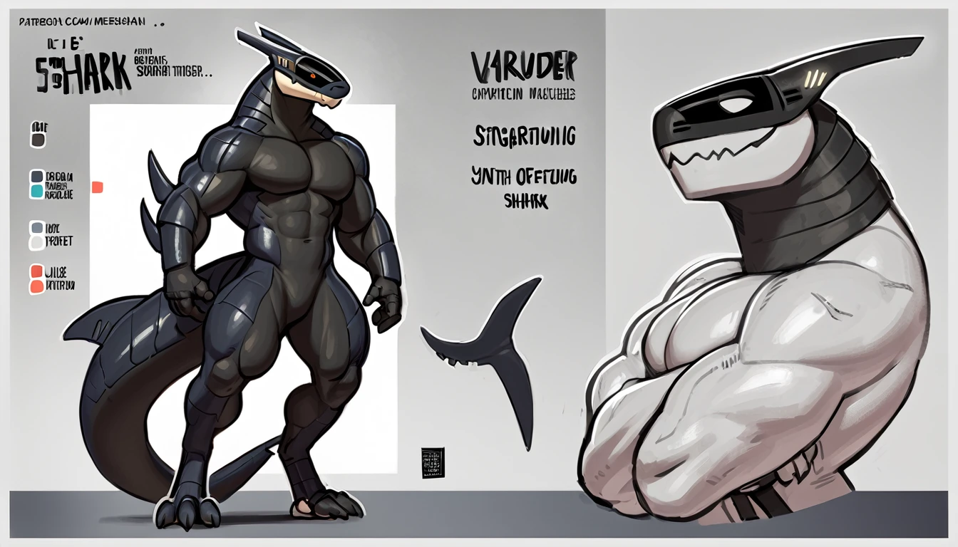  best quality, masterpiece, high quality, bara, synth (vader-san), White body, black highlights, very muscular,  thick thighs, Long tail, pose,shark, shark hybrid, shark tail, graffiti theme, graffiti, graffiti design, glowing details, glowing highlights, artificial, synthetic, robotic, refsheet, reference sheet, strong physique, eyes, very muscular, perfect anatomy, scars on body, full body view in frame,  solo, masterpiece, manly pose, strong jaw, thick thighs, giant biceps,  muscular, tail, smile, amazing shading, full body, detailed hands, detailed eyes, detailed face, detailed arms, anthro, muscular, (detailed:1.5), male, by daftpatriot, ,by sligarthetiger, by meesh, by kihublue,by taran fiddler:0.6, 

accurate muscles, close up, clear anatomy lines,  perfect framing, cinematic shot, cinematic framing, standing, looking at viewer, abstract background,  refsheet, reference sheet,
