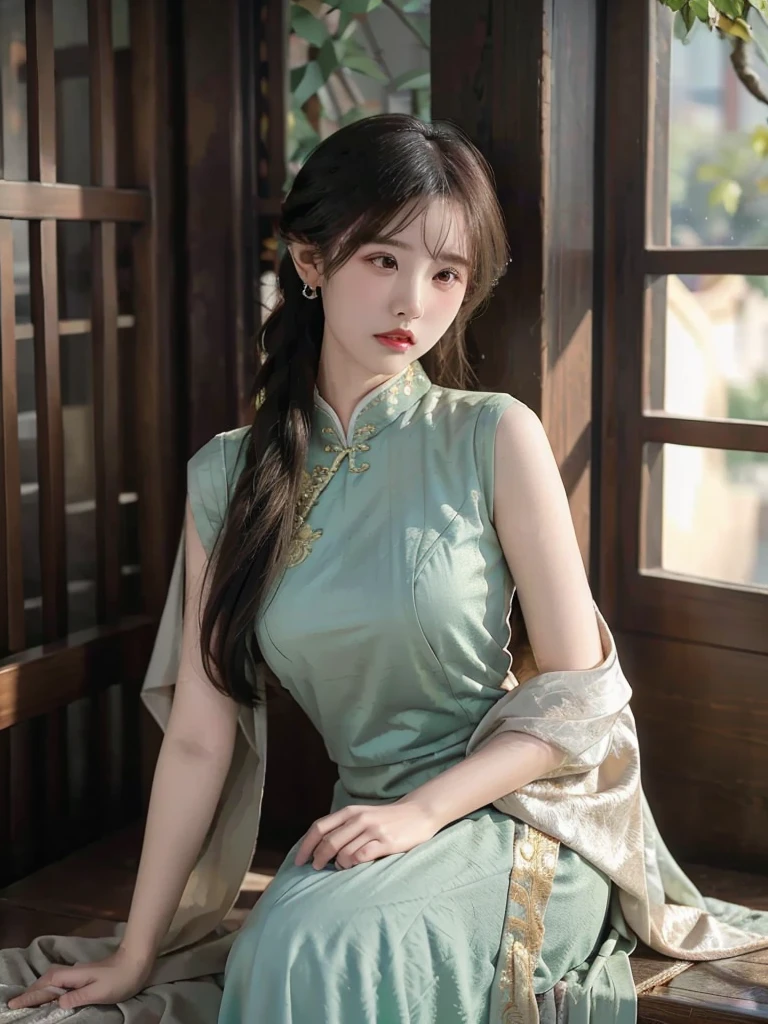 Title: "Elegance in Silk"
Art Style: Hyper-realistic digital painting with elements of classic portraiture. The image showcases intricate details and a rich color palette, emphasizing the beauty and grace of the subject. Techniques include meticulous rendering of textures and soft, dramatic lighting.
Artist's Signature: 'ai Jonas' in the top right corner of the image.
Details to include:
- A woman dressed in a form-fitting, black silk cheongsam with golden embroidery and intricate designs.
- Her pose is confident and alluring, with hands resting behind her head, highlighting her elegant posture.
- The fabric of the cheongsam is depicted with realistic textures, capturing the sheen and flow of the silk.
- Her braided hair is adorned with green jade bangles and gold earrings, adding a touch of traditional elegance.
- Soft, warm lighting that casts gentle shadows, enhancing the contours of her figure and the folds of the dress.
- The background is a softly blurred interior, hinting at a luxurious and culturally rich setting without distracting from the main subject.
- Subtle details in her facial expression and makeup, portraying a sense of poise and sophistication.
- The overall composition should evoke a sense of timeless beauty, cultural richness, and refined elegance.