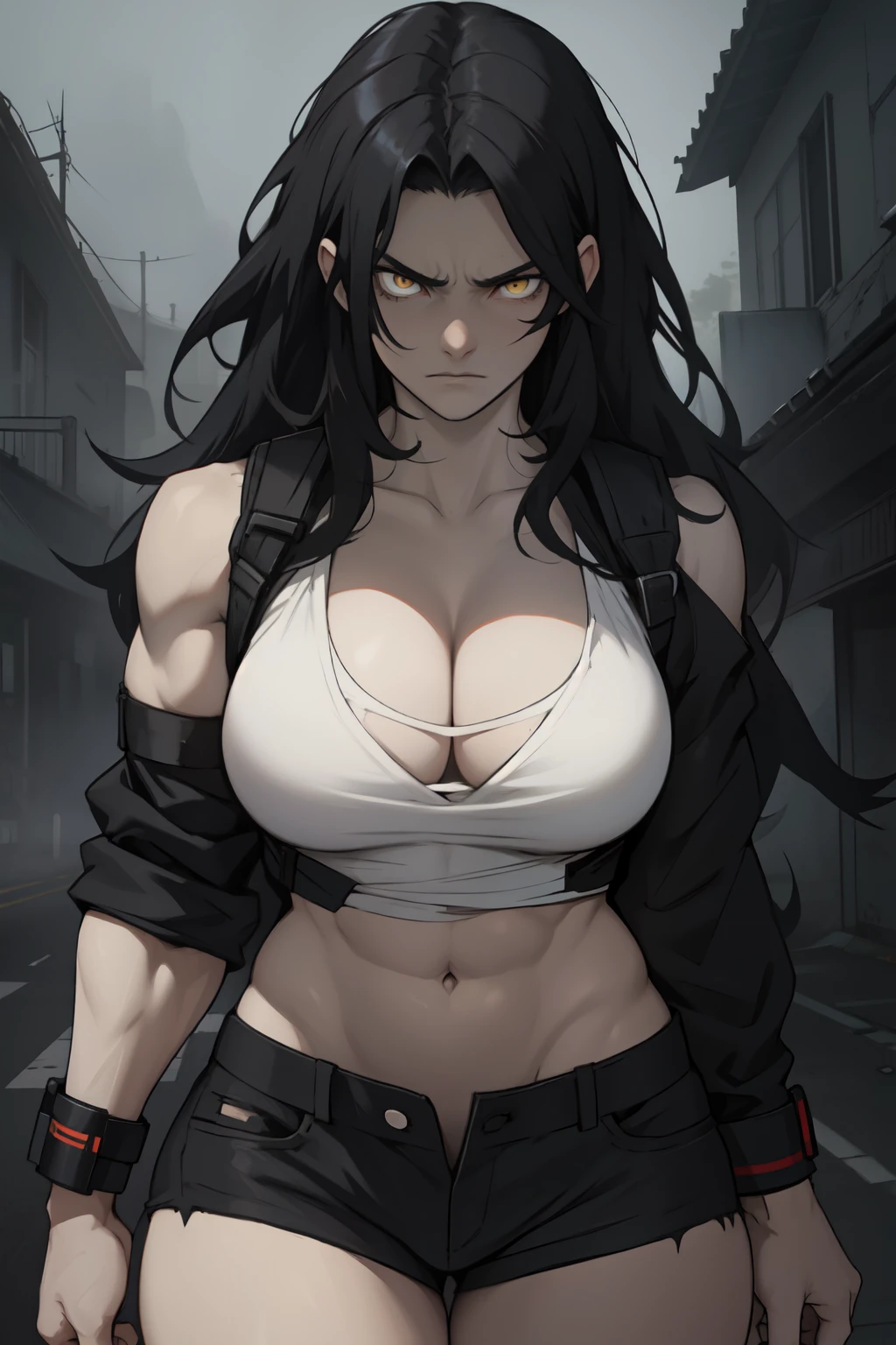 huge  1girl black hair yellow eyes very long hair pale skin angry (((muscular))) dark atmosphere foggy