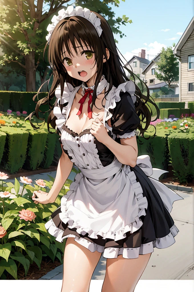1girl,solo,yuuki mikan,, ,brown hair,, ,1girl,garden,(((maid costume))),small breasts breasts,miniskirt,blush,open mouth