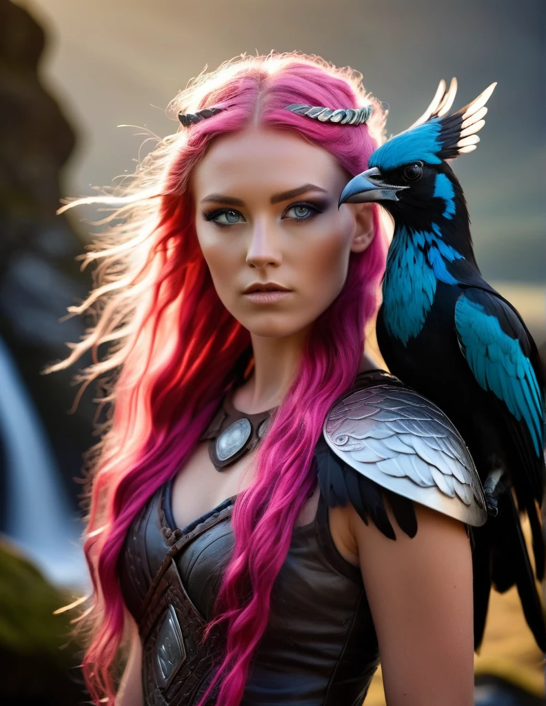 very attractive 25 year old girl with long wavy bright pink hair, A Viking woman undergoing a captivating transformation into a magpie. Shot in an aspect ratio of 2:3, the image captures the raw power and mystique of the Viking woman as she embraces her shapeshifting abilities. With impeccable attention to detail, the photo depicts the seamless transition from human to avian form, showcasing the intricate feathers beginning to emerge from her skin. The backdrop hints at her Nordic heritage, with rugged landscapes and ancient runes adding depth to the scene. The lighting is dramatic, emphasizing the intensity of the transformation and casting shadows that evoke a sense of mystery. This striking image celebrates the fusion of Norse mythology and nature, inviting viewers to witness the enchanting moment of metamorphosis.