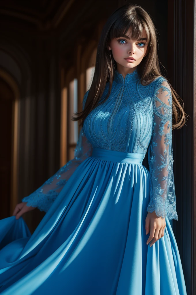 16 year old Paulina Porizkova, ultra-detailed face, ultra detailed blue eyes, (bangs), (long sleeve dress, long skirt), (((masterpiece)))
