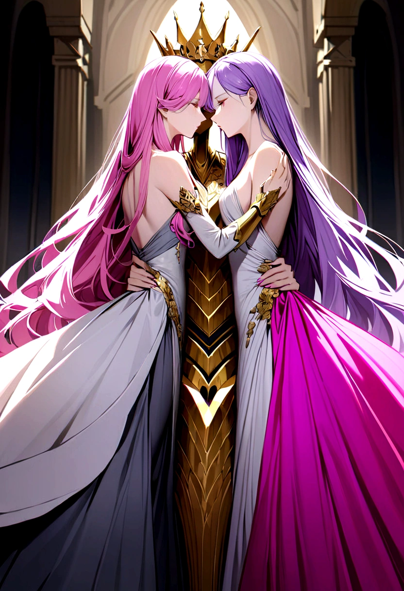 There are two women standing in front of each other, one of them is a queen, He has short, purple hair., her dress is close to the body and long, of gray color, and the other girl has golden armor attached to her body, long magenta pink hair