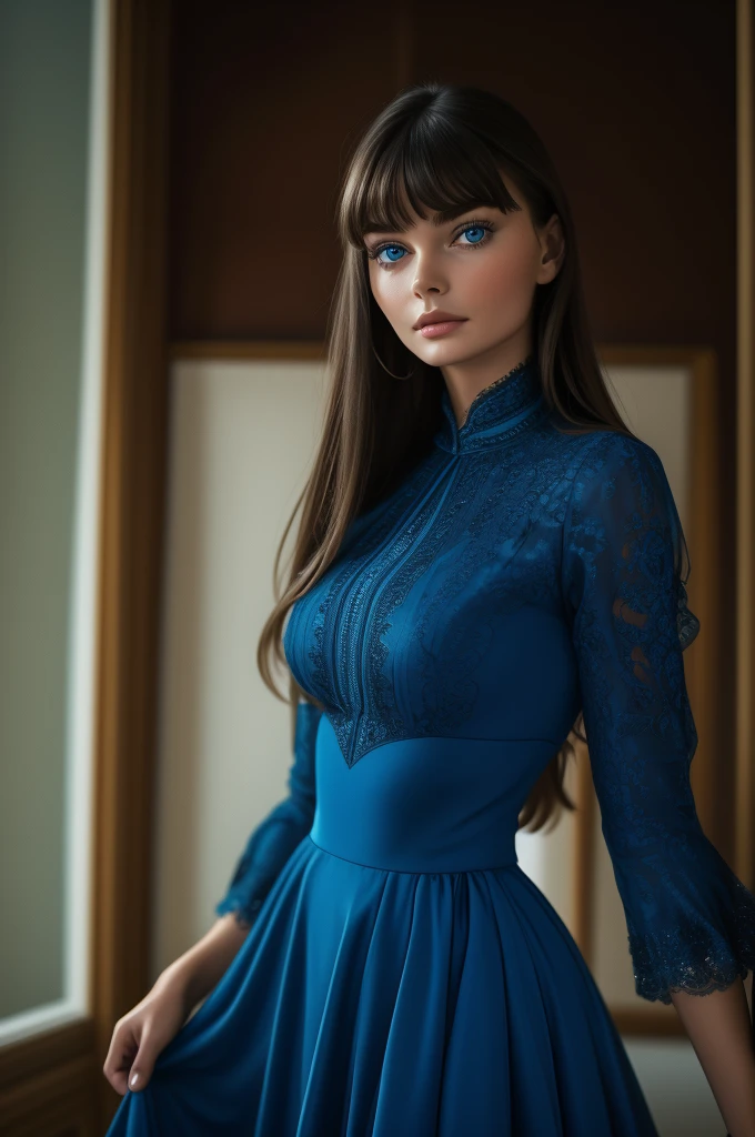 16 year old Paulina Porizkova, ultra-detailed face, ultra detailed blue eyes, (bangs), (long sleeve dress, long skirt), (((masterpiece)))