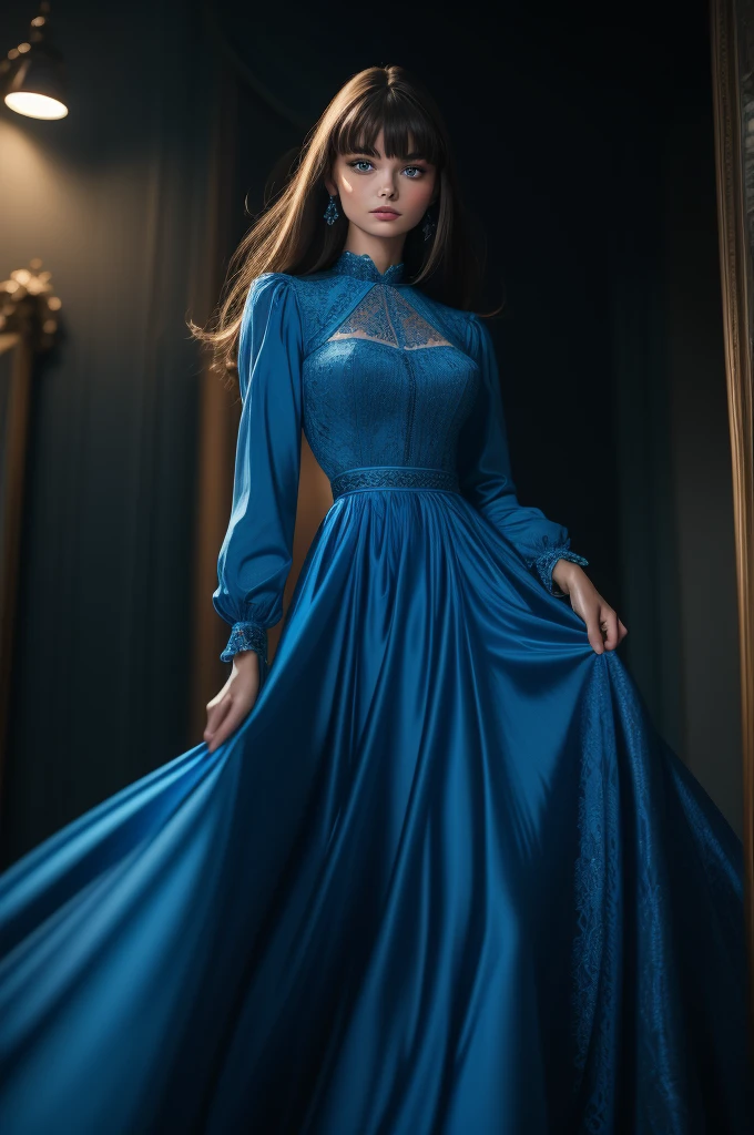 16 year old Paulina Porizkova, ultra-detailed face, ultra detailed blue eyes, (bangs), (long sleeve dress, long skirt), (((masterpiece)))