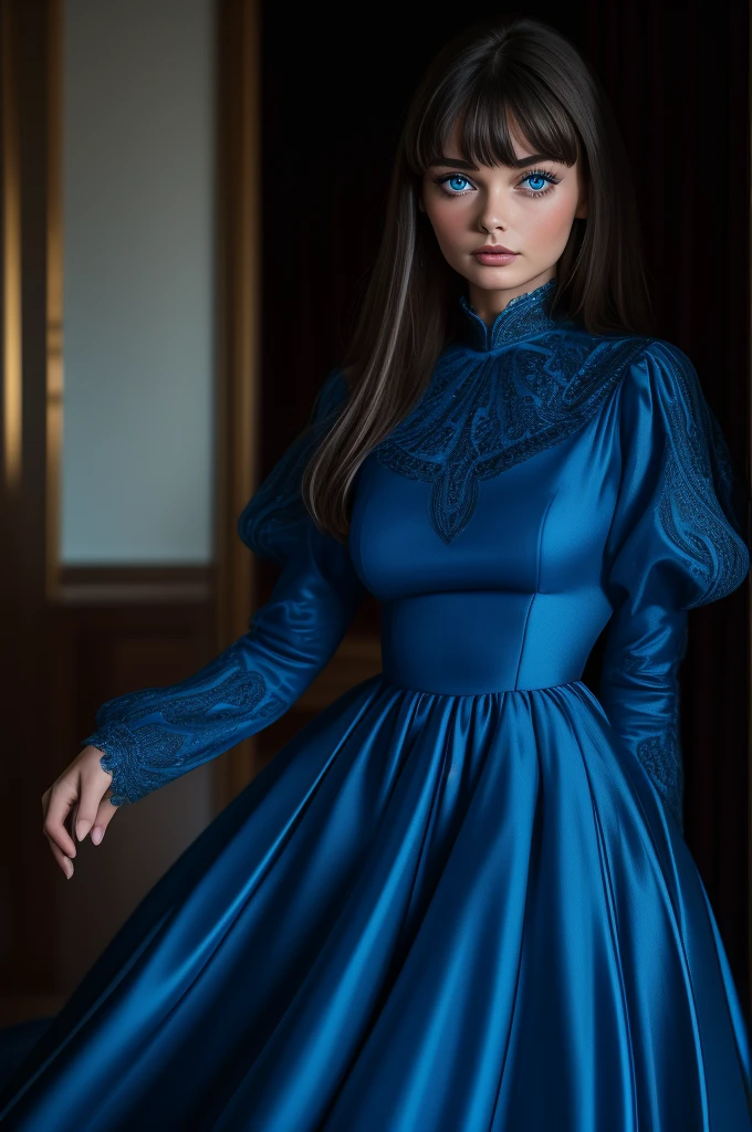 16 year old Paulina Porizkova, ultra-detailed face, ultra detailed blue eyes, (bangs), (long sleeve dress, long skirt), (((masterpiece)))