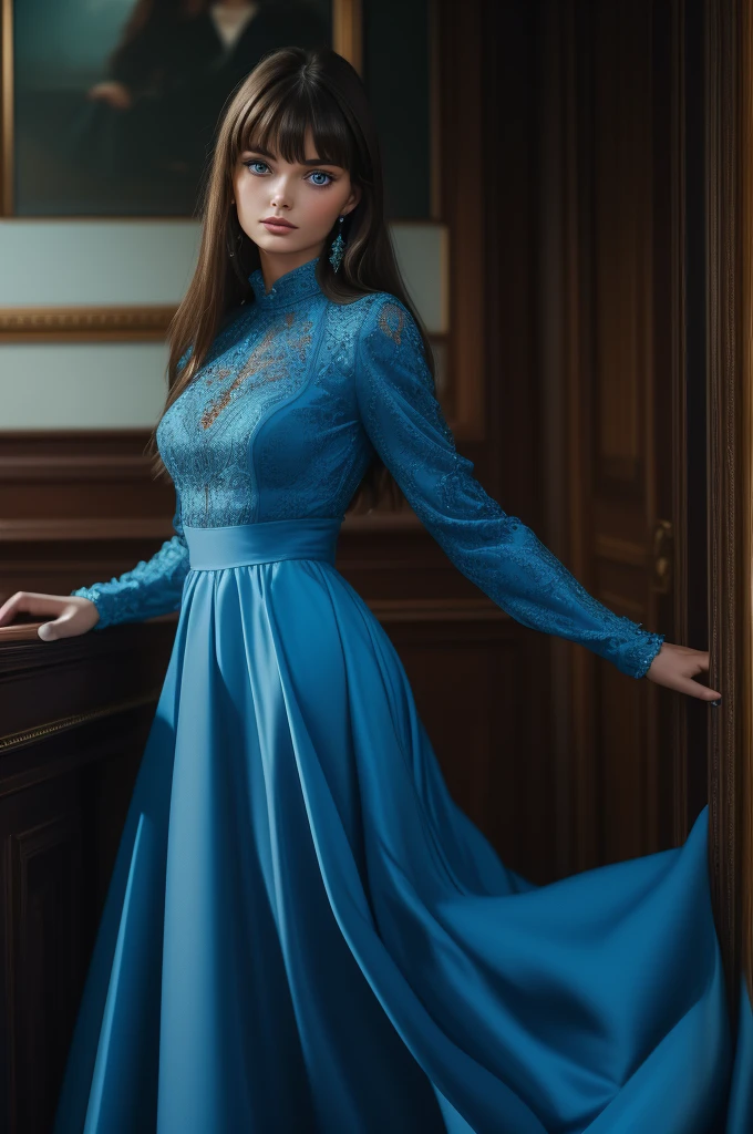 16 year old Paulina Porizkova, ultra-detailed face, ultra detailed blue eyes, (bangs), (long sleeve dress, long skirt), (((masterpiece)))