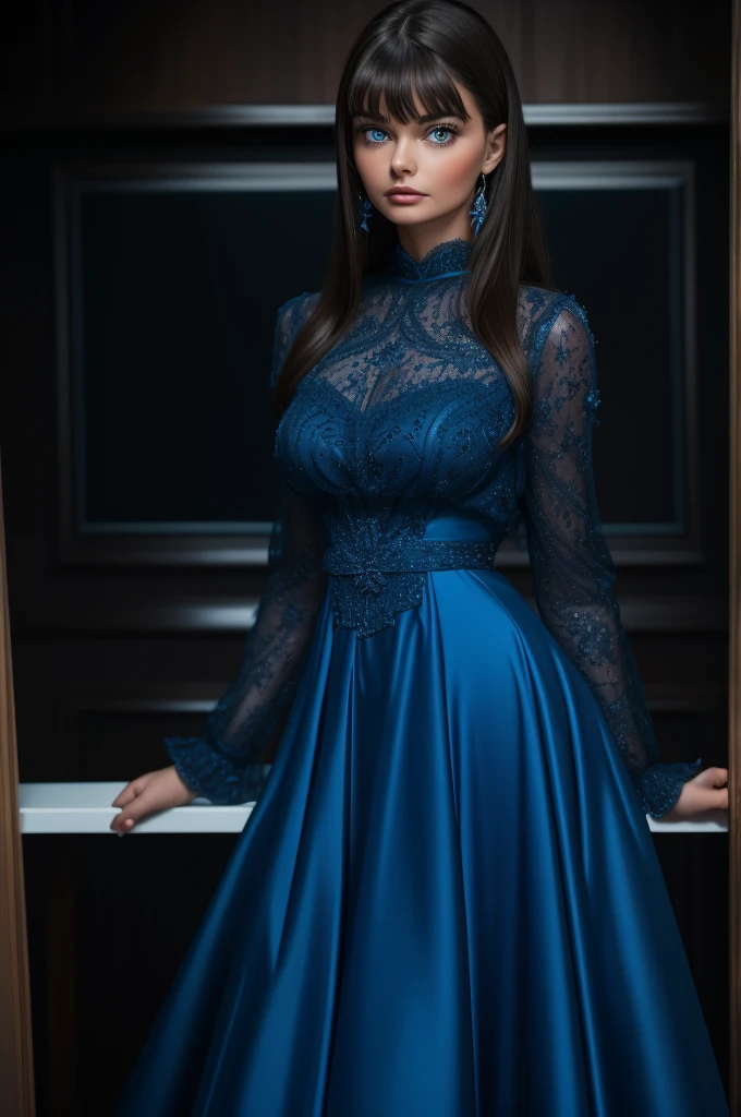 16 year old Paulina Porizkova, ultra-detailed face, ultra detailed blue eyes, (bangs), (long sleeve dress, long skirt), (((masterpiece)))