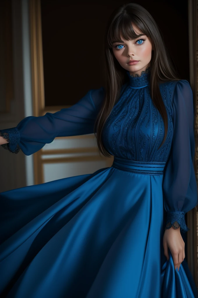 16 year old Paulina Porizkova, ultra-detailed face, ultra detailed blue eyes, (bangs), (long sleeve dress, long skirt), (((masterpiece)))