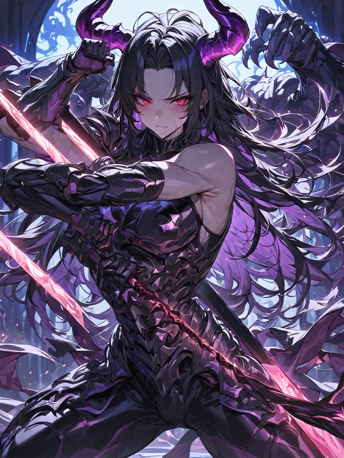 Masterpiece, Very detailed, ultra detailed, one, beautiful, (1 man), with a sporty body, V-shaped shoulders, black detailed armor with glowing purple details, black demonic horns, long hair, black hair, purple with red eye tones, a man has a huge and long sword in his hand and he is in a fighting pose, Black light