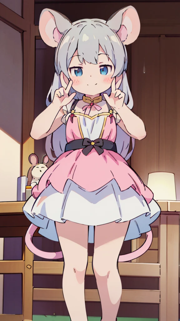 ((masterpiece))((Highest quality))Mouse Ears、girl、smile、blush、Flat Chest、Are thin、、low length、Gray Hair、blush、Are standing、Whole body image、Even your toes are visible、Eye level on face、front、No background、Mouse pose、真frontのアングル、