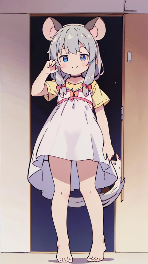((masterpiece))((Highest quality))Mouse Ears、girl、smile、blush、Flat Chest、Are thin、、low length、Gray Hair、blush、Are standing、Whole body image、Even your toes are visible、Eye level on face、front、No background、Mouse pose、真frontのアングル、