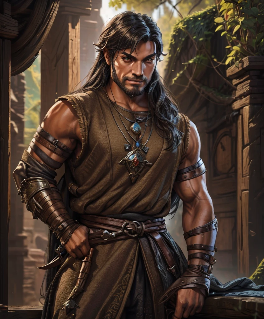 (((Single character image.))) (((1boy)))  (((Dressed in medieval fantasy attire.))) (((Design a handsome male adventurer for D&D))) (((Dressed in medieval fantasy attire.))) (((Intense, sexy stare.))) (((Beautiful long sexy hair.)))  Looks like a dashing and heroic male adventurer for Dungeons & Dragons. Looks like a very attractive male adventurer for a high fantasy setting. Looks handsome, sexy and appealing. Looks like a handsome and rugged male adventurer for Dungeons & Dragons. best quality:1.0,hyperealistic:1.0,photorealistic:1.0,madly detailed CG unity 8k wallpaper:1.0,masterpiece:1.3,madly detailed photo:1.2, hyper-realistic lifelike texture:1.4, picture-perfect:1.0,8k, HQ,best quality:1.0,