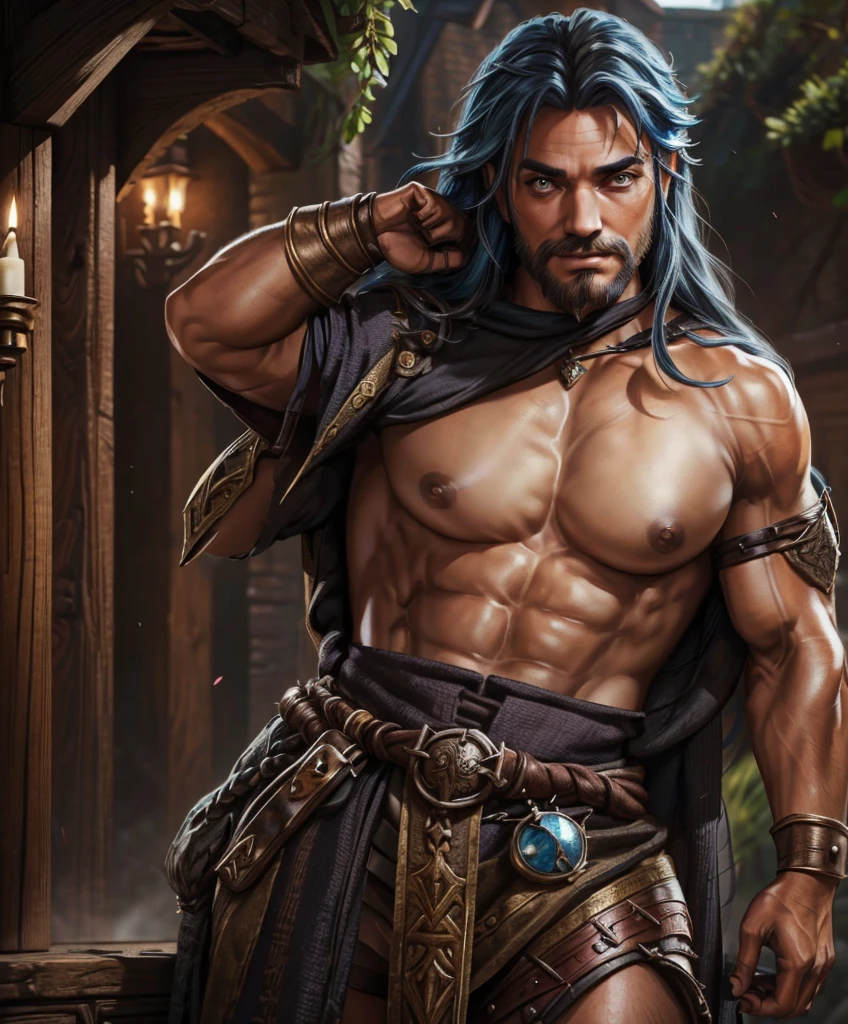 (((Single character image.))) (((1boy)))  (((Dressed in medieval fantasy attire.))) (((Design a handsome male adventurer for D&D))) (((Dressed in medieval fantasy attire.))) (((Intense, sexy stare.))) (((Beautiful long sexy hair.)))  Looks like a dashing and heroic male adventurer for Dungeons & Dragons. Looks like a very attractive male adventurer for a high fantasy setting. Looks handsome, sexy and appealing. Looks like a handsome and rugged male adventurer for Dungeons & Dragons. best quality:1.0,hyperealistic:1.0,photorealistic:1.0,madly detailed CG unity 8k wallpaper:1.0,masterpiece:1.3,madly detailed photo:1.2, hyper-realistic lifelike texture:1.4, picture-perfect:1.0,8k, HQ,best quality:1.0,